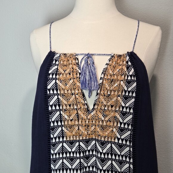 Anthropologie THML Dress Embroidered Blue Medium Stretch Lined Tassel Pull Over - Picture 2 of 9